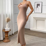 Summer Solid Color Breathable Tight Waist Slimming Maxi Length Dress Black Knitted Slim Halter Bodycon Ladies Stretchy Dresses