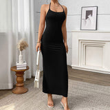Summer Solid Color Breathable Tight Waist Slimming Maxi Length Dress Black Knitted Slim Halter Bodycon Ladies Stretchy Dresses
