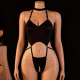 Lingerie Women's Sexy Hollow Out Backless Strappy Seductive Bodysuit Halter Crotchless No-Remove Set