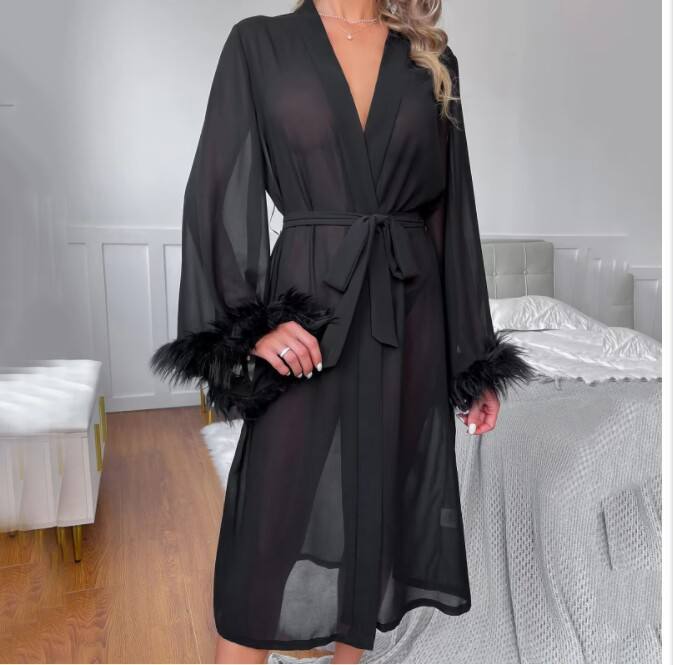 Sexy Netting Cardigan Pajamas Sexy Japanese Night Gown Simulated Feather Bathrobe