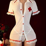 Lingerie Sexy Sheer See-Through Deep V-Neck Slit Lace Trim Nurse Skirt Uniform Set Pure Desire No-Undo Hip-Hugging ODM Polyester