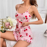 Chic Cherry Print Cami Pajama Set – European Style 2-Piece Sleepwear with Delicate Detail