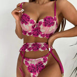 European and American Foreign Trade Sexy Lingerie Sexy Women's Colorful Embroidered Lingerie Three-Point Set