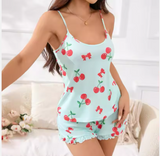 Chic Cherry Print Cami Pajama Set – European Style 2-Piece Sleepwear with Delicate Detail