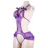 Bow Lace Bodysuit Open-Crotch No-Removal See-Through Sexy Women's Seduction Purple Lingerie