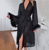 Sexy Netting Cardigan Pajamas Sexy Japanese Night Gown Simulated Feather Bathrobe