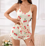 Chic Cherry Print Cami Pajama Set – European Style 2-Piece Sleepwear with Delicate Detail