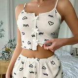 New Arrival Spandex Spring Heart-Shaped Printed Color-Block Clothing Front Slit Strappy Pajamas Set