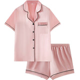 Women's Summer Loungewear Set - Solid Color Cardigan with Lapel Short Sleeves Short Pants Satin Finish