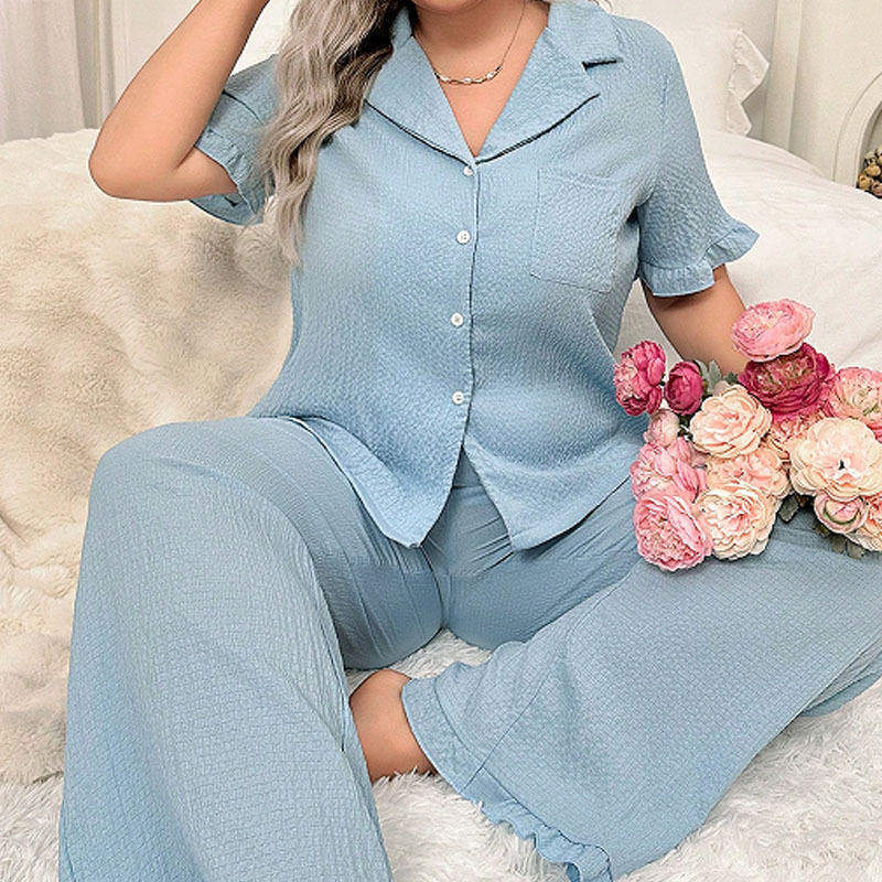Women's Plus Size Casual Home Wear Pajama Set Summer New Short-Sleeved Two-Piece Elastic Waist Closure Solid Pattern Breathable