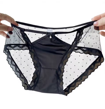 Sexy Satin Lace Thong for Women – Mid-Low Waist, Bow-Knot, French Style Mesh Gauze Underwear