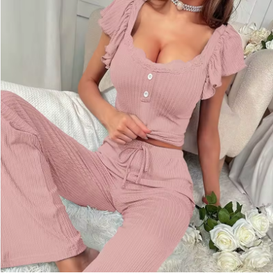Luxury Ribbed Knit Pajama Set – Elegant Women’s Short Sleeve Crop Top & Trousers for Autumn/Winter Loungewear