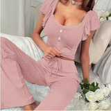 Luxury Ribbed Knit Pajama Set – Elegant Women’s Short Sleeve Crop Top & Trousers for Autumn/Winter Loungewear