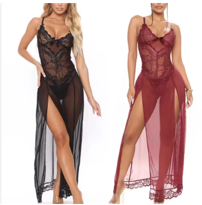 Luxury Sheer Mesh Long Nightgown – Elegant Floor-Length Sleepwear with Sophisticated Silhouette