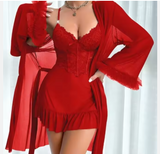 Luxury Mesh & Lace Nightgown Set – Elegant Women’s Sleeveless Slip Dress with Sophisticated Matching Robe