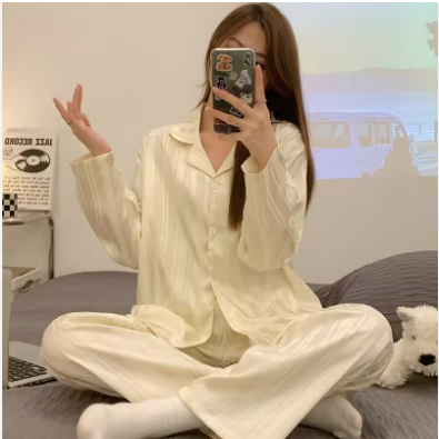 Luxury Ice Silk Nightdress – Elegant Women’s Vertical Stripe Loungewear with a Minimalist & Sophisticated Silhouette
