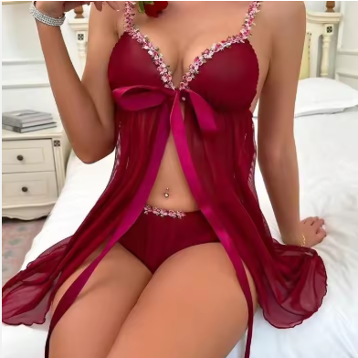 Luxury 2-Piece Sheer Lace Lingerie Set – Elegant Women’s Transparent V-Neck Nightwear with Sophisticated Intricate Detailing