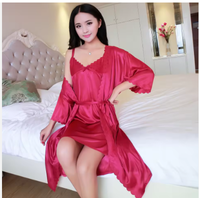Luxury 2-Piece Satin Robe & Nightdress Set – Elegant Women’s Sleepwear with Sophisticated Lace Detailing