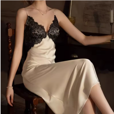 Luxury Cooling Satin Nightgown – Elegant Lace Sling Long Dress with Sophisticated Over-the-Knee Silhouette