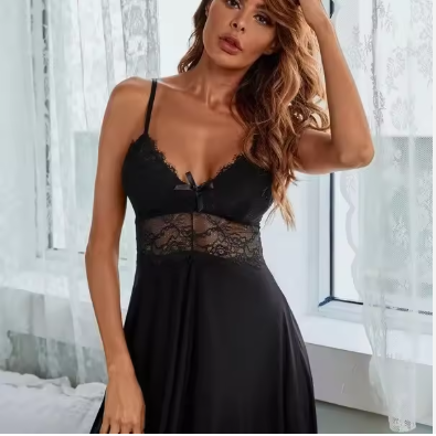 Women’s Luxury Lace Sleep Dress – Deep V-Neck Sheer Nightgown with Delicate Cami Straps
