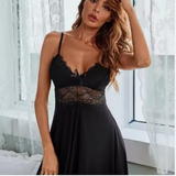 Women’s Luxury Lace Sleep Dress – Deep V-Neck Sheer Nightgown with Delicate Cami Straps