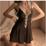 Luxury Lace Embroidered Nightdress – Elegant Deep V-Neck Open Back Sleepwear in Plus Size