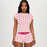 Chic Heart Print Pajama Set – Women’s Short Sleeve Sleepwear with Elegant Lettuce Trim & Crew Neck