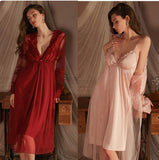 Sexy Deep V Seductive Lace Satin Nightgown Mesh Gown Women's Loungewear Women's Sleepwear