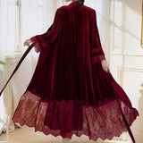 Red Velvet 2-piece Robe and Dress Sexy Nightdress Morning Gown Sling Wedding Bride Nightgown