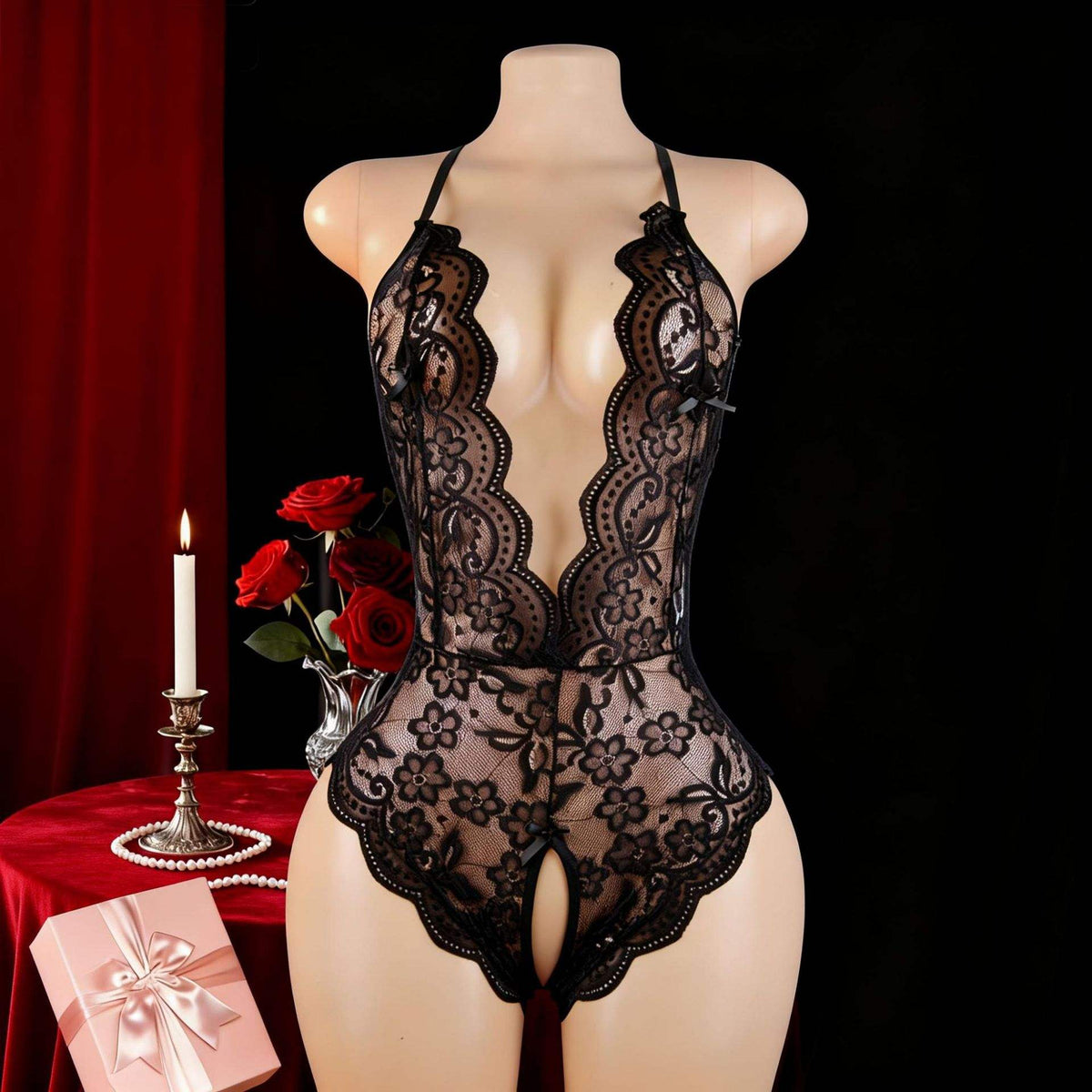 Open-Crotch Strapless One-Piece Dress Hot-selling Best-seller Women's Plus-size Sexy Tight Lace Nylon See-through European