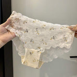 Lace Thin Sexy Underwear Women's Semi-Transparent Jacquard Wavy Edge Breathable Seamless Nylon Cotton-Crotch Mid-Waist