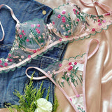 Floral Embroidery Breathable Thin Firm Control See-Through Mesh Women's Bra and Panty 1 Piece Lingerie Set