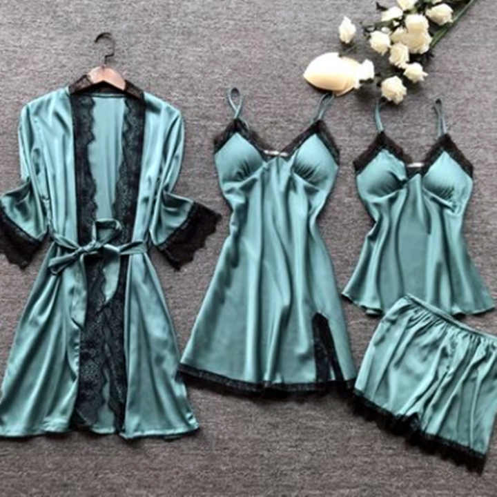 Women's Underwear Pajamas Sets Lingerie Dress Sexy Silk Satin Robe 4pcs Sleepwear Cami Top Stain Pjs for Women