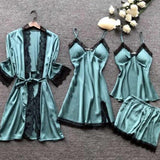 Women's Underwear Pajamas Sets Lingerie Dress Sexy Silk Satin Robe 4pcs Sleepwear Cami Top Stain Pjs for Women