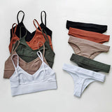 Women's Cotton Underwear Set Sexy Solid Backless Sling Lingerie High Elasticity Sporty Bra Bikini Fitness Crop Top