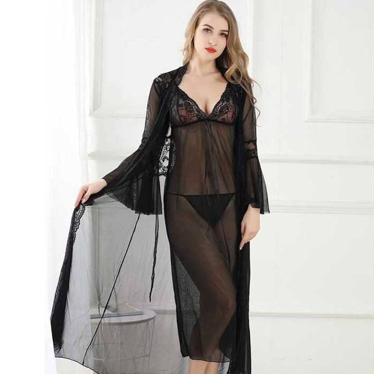 Long Sleeve Robe and Dress Pajamas Set Homewear Women's Sleepwear