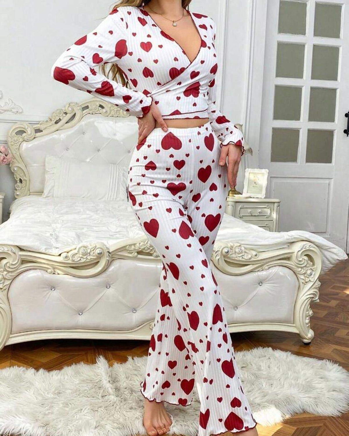 New Heart Pattern Homewear Set Long Pants Soft Skin-Friendly Comfortable Women's Pajamas Elastic Waist Autumn