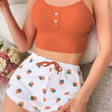 Women's Homewear Printed Spandex Camisole Shorts Casual Sexy Ribbed Wearable European American Style Spring Pajamas