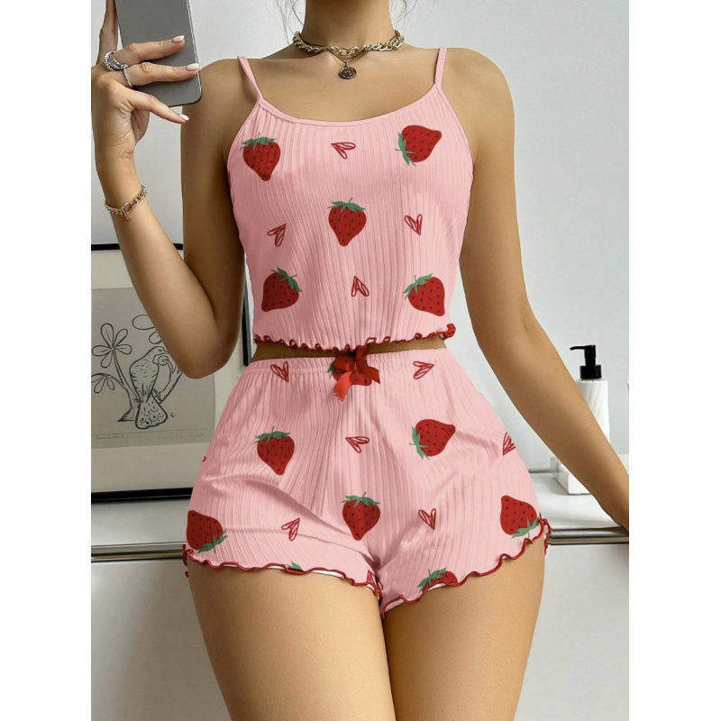 European & American Summer Strawberry Heart Print Ribbed Elastic Waist Camisole Shorts Two-Piece Set Women's Loungewear