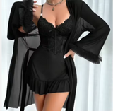 Luxury Mesh & Lace Nightgown Set – Elegant Women’s Sleeveless Slip Dress with Sophisticated Matching Robe
