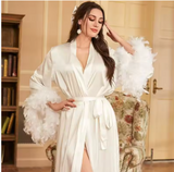 Luxury Feather-Trimmed Nightgown – Elegant Women’s V-Neck Loungewear with a Sophisticated Tie-Up Waist Design