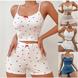 Charming Heart-Print Loungewear Set – Elegant 2-Piece Sleepwear with Delicate Bow Accents & Spaghetti Straps
