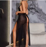 Luxury Lace Babydoll Chemise – Elegant Women’s V-Neck Mesh Nightdress featuring a Sophisticated Side Split Silhouette