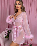 New Sexy Sheer Gauze Robe Bathrobe See-through Home Wear Furry Stitching Sleeves Mid-Length Sleepwear