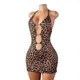Leopard Print Low-Cut Sheath Dress Seductive Halter Strap Women's Sexy Nightgown Lingerie Polyester