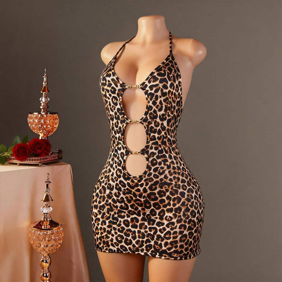 Leopard Print Low-Cut Sheath Dress Seductive Halter Strap Women's Sexy Nightgown Lingerie Polyester