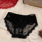 Satin Lace Mesh Hollow-Out Sexy Mid-Waist Women's Thong Breathable Crotch Comfortable Back-Hollowed Underwear