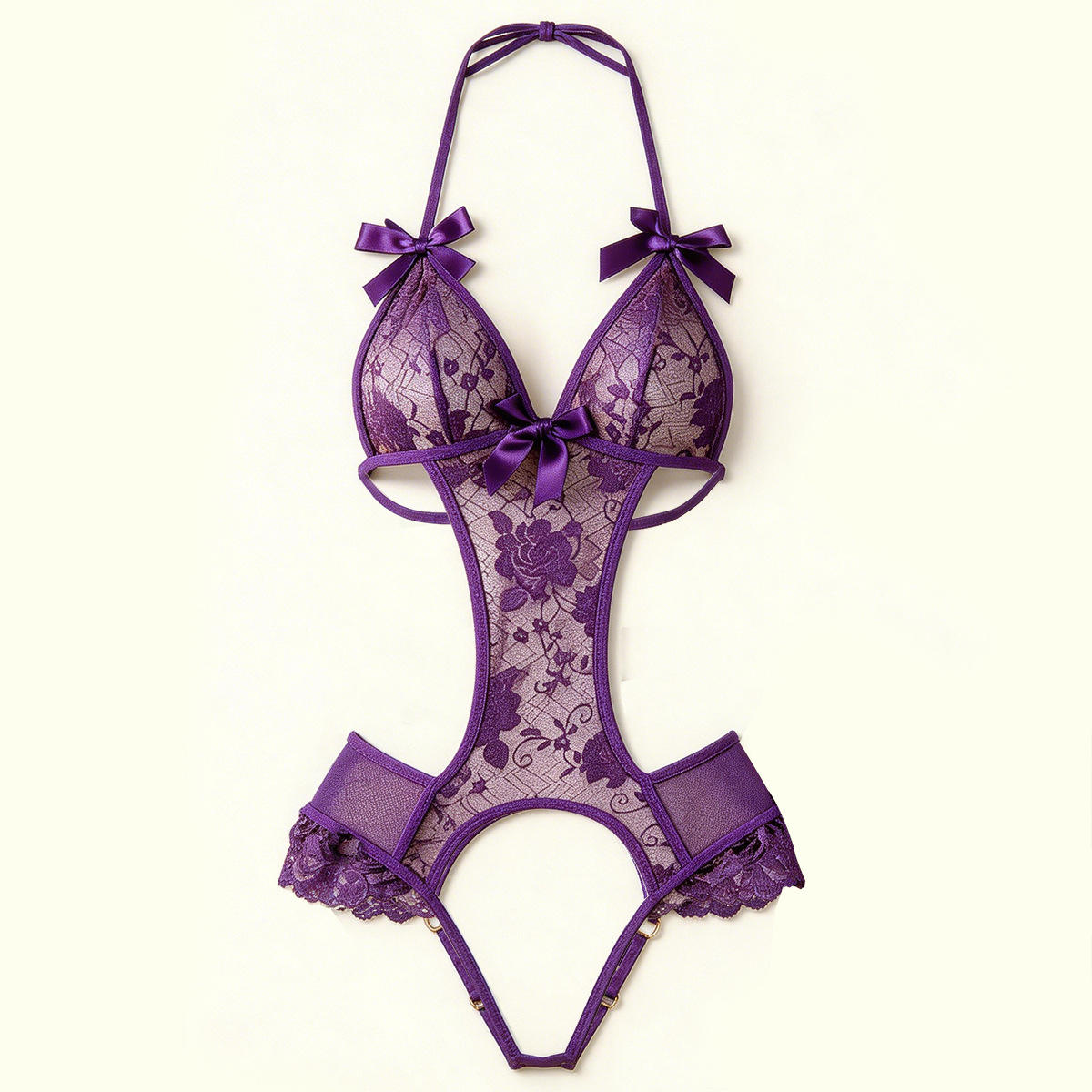 European American Sexy Lingerie Lace Bodysuit Women's Crotchless Purple Seduction Uniform