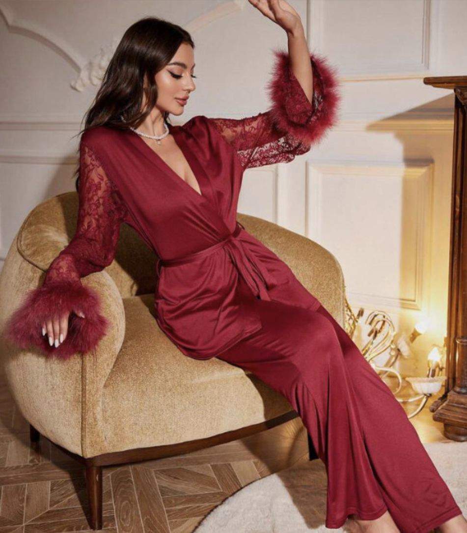 Patchwork Lace Nightdress V-neck Pajama Set Fashionable Women's Sleepwear