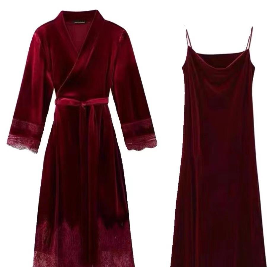 Red Velvet 2-piece Robe and Dress Sexy Nightdress Morning Gown Sling Wedding Bride Nightgown
